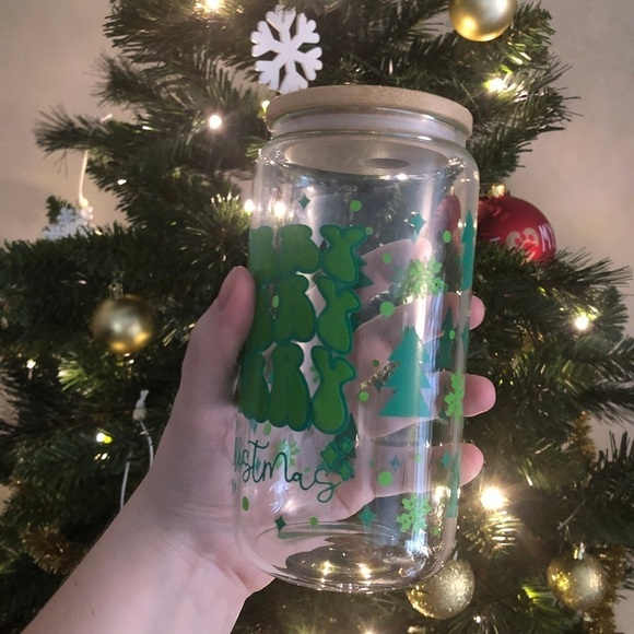 Merry Merry Merry Christmas 16 oz Glass cup NEW - Picture 2 of 3